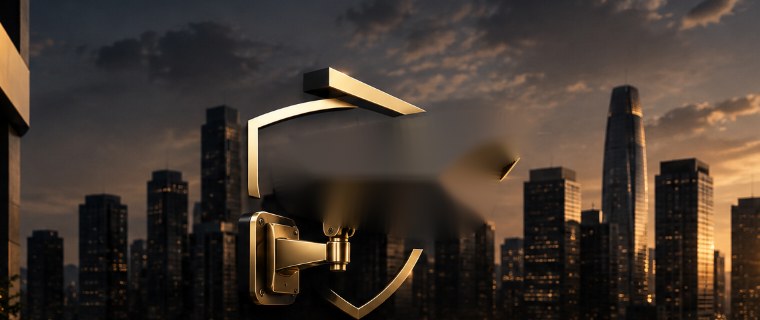 City skyline at dusk behind a gold security camera